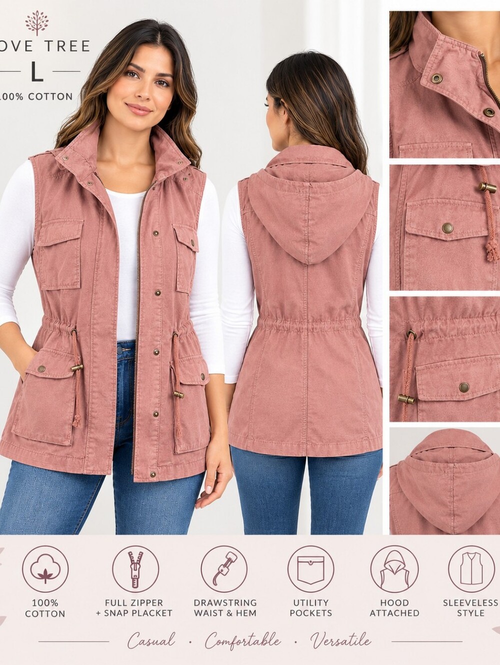 Love Tree Women's Sleeveless Utility Vest - Dusty Rose